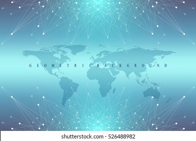 Geometric graphic background communication. Big data complex with compounds. Perspective backdrop with World Map. Minimal array Big data. Digital data visualization. Scientific vector illustration