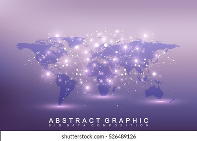 Geometric graphic background communication. Big data complex with compounds. Perspective backdrop with World Map. Minimal array Big data. Digital data visualization. Scientific vector illustration