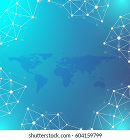 Geometric graphic background communication. Big data complex with Political World Map. Particle compounds. Network connection, lines plexus. Minimalistic chaotic design, vector illustration