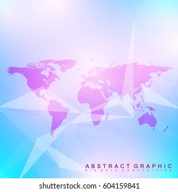 Geometric graphic background communication. Big data complex with Political World Map. Particle compounds. Network connection, lines plexus. Minimalistic chaotic design, vector illustration