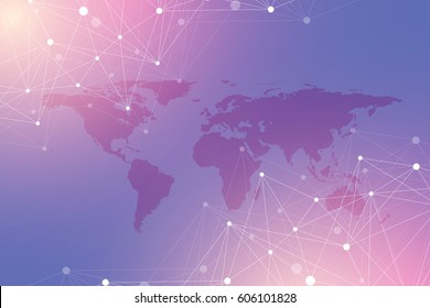 Geometric graphic background communication. Big data complex with Political World Map. Particle compounds. Network connection, lines plexus. Minimalistic chaotic design, vector illustration