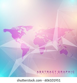 Geometric graphic background communication. Big data complex with Political World Map. Particle compounds. Network connection, lines plexus. Minimalistic chaotic design, vector illustration