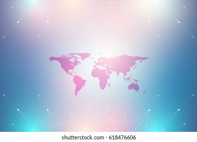 Geometric graphic background communication. Big data complex with Political World Map. Particle compounds. Network connection, lines plexus. Minimalistic chaotic design, vector illustration