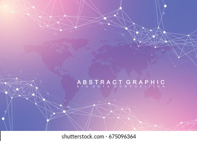 Geometric graphic background communication. Big data complex with Political World Map. Particle compounds. Network connection, lines plexus. Minimalistic chaotic design, vector illustration