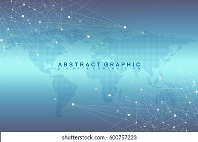 Geometric graphic background communication with Dotted World Map. Big data complex with compounds. Perspective minimal array. Digital data visualization. Scientific cybernetic vector illustration