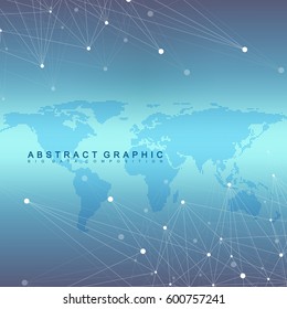 Geometric graphic background communication with Dotted World Map. Big data complex with compounds. Perspective minimal array. Digital data visualization. Scientific cybernetic vector illustration