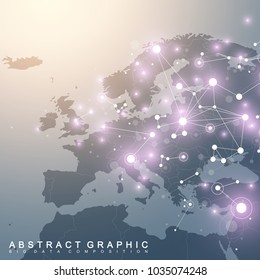 Geometric Graphic Background Communication With Europe Map. Big Data Complex With Compounds. Perspective Backdrop. Minimal Array. Digital Data Visualization. Scientific Cybernetic Vector Illustration