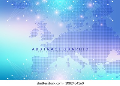 Geometric graphic background communication with Europe Map. Big data complex with compounds. Perspective backdrop. Minimal array. Digital data visualization. Scientific cybernetic vector illustration