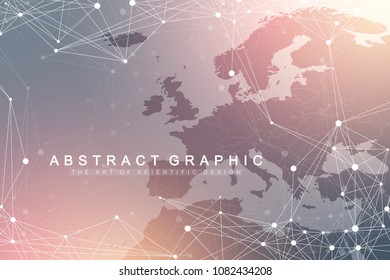 Geometric graphic background communication with Europe Map. Big data complex with compounds. Perspective backdrop. Minimal array. Digital data visualization. Scientific cybernetic vector illustration