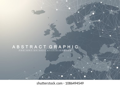 Geometric graphic background communication with Europe Map. Big data complex with compounds. Perspective backdrop. Minimal array. Digital data visualization. Scientific cybernetic vector illustration