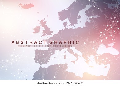 Geometric Graphic Background Communication With Europe Map. Big Data Complex With Compounds. Perspective Backdrop. Minimal Array. Digital Data Visualization. Scientific Cybernetic Vector Illustration