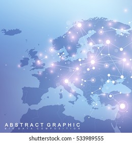 Geometric Graphic Background Communication With Europe Map. Big Data Complex With Compounds. Perspective Backdrop. Minimal Array. Digital Data Visualization. Scientific Cybernetic Vector Illustration