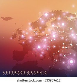 Geometric graphic background communication with Europe Map. Big data complex with compounds. Perspective backdrop. Minimal array. Digital data visualization. Scientific cybernetic vector illustration