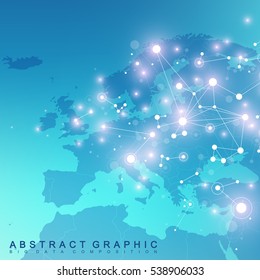 Geometric Graphic Background Communication With Europe Map. Big Data Complex With Compounds. Perspective Backdrop. Minimal Array. Digital Data Visualization. Scientific Cybernetic Vector Illustration