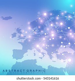 Geometric graphic background communication with Europe Map. Big data complex with compounds. Perspective backdrop. Minimal array. Digital data visualization. Scientific cybernetic vector illustration