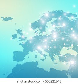 Geometric Graphic Background Communication With Europe Map. Big Data Complex With Compounds. Perspective Backdrop. Minimal Array. Digital Data Visualization. Scientific Cybernetic Vector Illustration