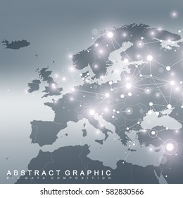 Geometric Graphic Background Communication With Europe Map. Big Data Complex With Compounds. Perspective Backdrop. Minimal Array. Digital Data Visualization. Scientific Cybernetic Vector Illustration