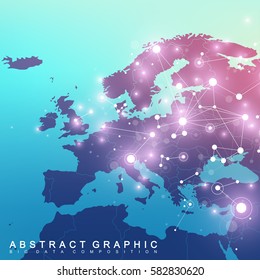 Geometric Graphic Background Communication With Europe Map. Big Data Complex With Compounds. Perspective Backdrop. Minimal Array. Digital Data Visualization. Scientific Cybernetic Vector Illustration