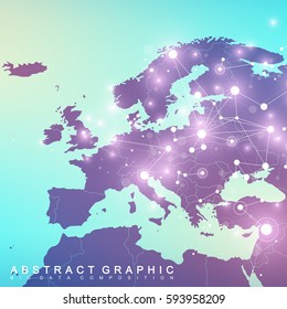 Geometric Graphic Background Communication With Europe Map. Big Data Complex With Compounds. Perspective Backdrop. Minimal Array. Digital Data Visualization. Scientific Cybernetic Vector Illustration