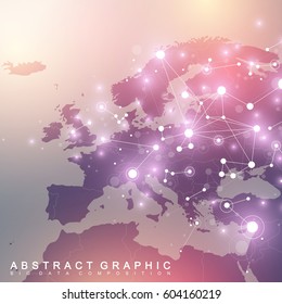 Geometric Graphic Background Communication With Europe Map. Big Data Complex With Compounds. Perspective Backdrop. Minimal Array. Digital Data Visualization. Scientific Cybernetic Vector Illustration