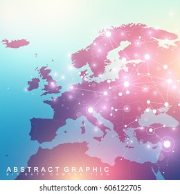 Geometric Graphic Background Communication With Europe Map. Big Data Complex With Compounds. Perspective Backdrop. Minimal Array. Digital Data Visualization. Scientific Cybernetic Vector Illustration