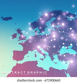 Geometric Graphic Background Communication With Europe Map. Big Data Complex With Compounds. Perspective Backdrop. Minimal Array. Digital Data Visualization. Scientific Cybernetic Vector Illustration