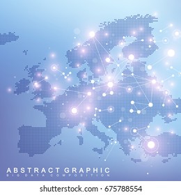 Geometric Graphic Background Communication With Europe Map. Big Data Complex With Compounds. Perspective Backdrop. Minimal Array. Digital Data Visualization. Scientific Cybernetic Vector Illustration