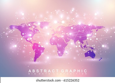 Geometric graphic background communication with Political World Map. Big data complex with compounds. Perspective minimal array. Digital data visualization. Scientific cybernetic vector illustration