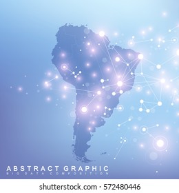Geometric graphic background communication with South America map. Big data complex with compounds. Minimal array. Digital data visualization. Scientific cybernetic vector illustration