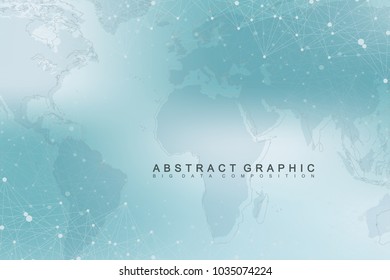 Geometric graphic background communication with World Map. Big data complex with compounds. Perspective backdrop. Minimal array. Digital data visualization. Scientific cybernetic vector illustration