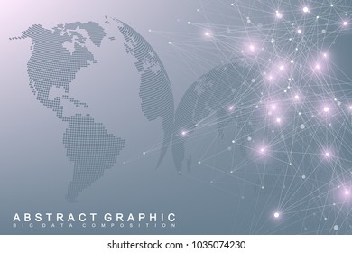 Geometric graphic background communication with World Map. Big data complex with compounds. Perspective backdrop. Minimal array. Digital data visualization. Scientific cybernetic vector illustration