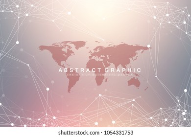 Geometric graphic background communication with World Map. Big data complex with compounds. Perspective backdrop. Minimal array. Digital data visualization. Scientific cybernetic vector illustration