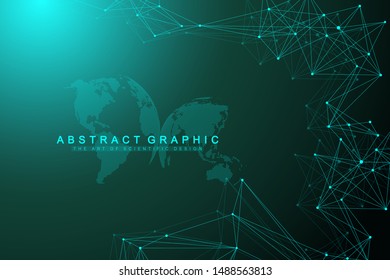 Geometric graphic background communication with World Map. Big data complex with compounds. Perspective backdrop. Minimal array. Digital data visualization. Scientific cybernetic vector illustration