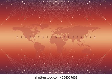 Geometric graphic background communication with World Map. Big data complex with compounds. Perspective backdrop. Minimal array. Digital data visualization. Scientific cybernetic vector illustration