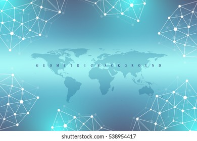 Comunicación de fondo geométrico gráfico con el Mapa Mundial. Grandes complejos de datos con compuestos. Fondo de perspectiva. Arreglo mínimo. Visualización de datos digitales. Ilustración cibernetica vectorial científica.
