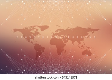 Geometric graphic background communication with World Map. Big data complex with compounds. Perspective backdrop. Minimal array. Digital data visualization. Scientific cybernetic vector illustration