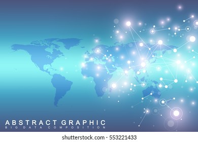 Geometric graphic background communication with World Map. Big data complex with compounds. Perspective backdrop. Minimal array. Digital data visualization. Scientific cybernetic vector illustration.