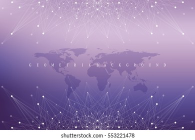 Geometric graphic background communication with World Map. Big data complex with compounds. Perspective backdrop. Minimal array. Digital data visualization. Scientific cybernetic vector illustration