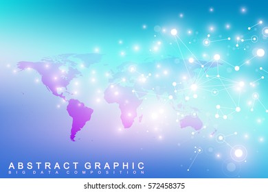Geometric graphic background communication with World Map. Big data complex with compounds. Perspective backdrop. Minimal array. Digital data visualization. Scientific cybernetic vector illustration