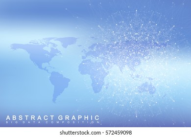 Geometric graphic background communication with World Map. Big data complex with compounds. Perspective backdrop. Minimal array. Digital data visualization. Scientific cybernetic vector illustration