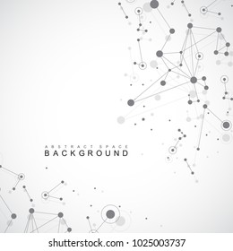 Molécula de fondo geométrica gráfica y comunicación. Grandes complejos de datos con compuestos. Fondo de perspectiva. Arreglo mínimo. Visualización de datos digitales. Ilustración cibernetica vectorial científica