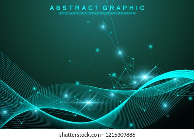 Geometric graphic background molecule and communication. Big data complex with compounds. Artificial Intelligence and Machine Learning Concept. Wave flow. Scientific cybernetic vector illustration.