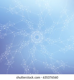 Geometric graphic background molecule and communication. Big data complex with compounds. Perspective backdrop. Minimal array. Digital data visualization. Scientific cybernetic vector illustration