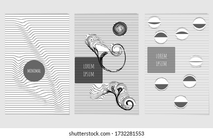 Geometric graphic backgrounds. Cool optical covers collection in black and white colors. Wavy abstract lines and shapes composition. Set of posters with monochrome  modern graphic design. 