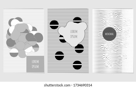 Geometric graphic backgrounds. Cool optical covers collection in black and white colors. Wavy abstract lines and shapes composition. Set of posters with monochrome  modern graphic design. 
