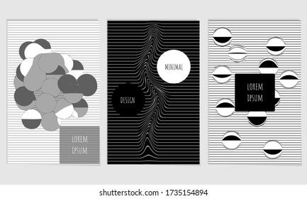 Geometrischer grafischer Hintergrund. Cool optische Cover Kollektion in Schwarz-Weiß-Farben. Wavy abstrakte Linien und Formen Zusammensetzung. Set von Plakaten mit einfarbiger moderner Grafik. 
