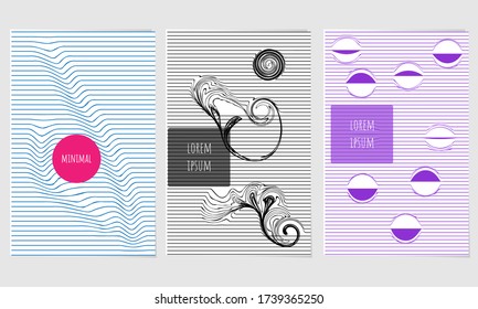 Geometric graphic backgrounds. Cool optical covers collection. Wavy abstract lines and shapes. Set of posters with modern graphic design. Minimal cover templates collection. 
