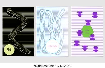 Geometric graphic backgrounds. Cool optical covers collection. Wavy abstract lines and shapes. Set of posters with modern graphic design. Minimalistic covers linear design. Cover page templates.