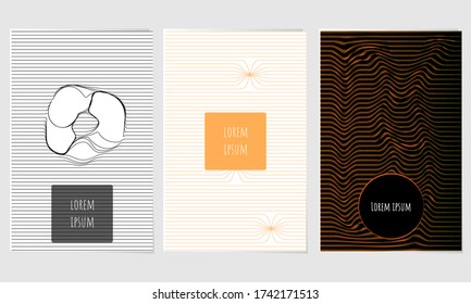 Geometric graphic backgrounds. Cool optical covers collection. Wavy abstract lines and shapes. Set of posters with modern graphic design. Minimalistic covers linear design. Cover page templates.