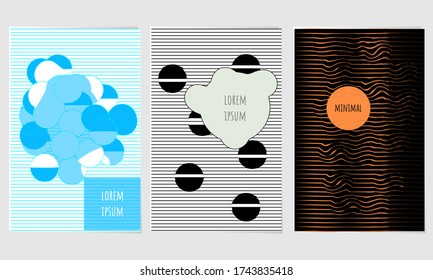 Geometric graphic backgrounds. Cool optical covers collection. Wavy abstract lines and shapes. Set of posters with modern graphic design. Minimalistic covers linear design. Cover page templates.